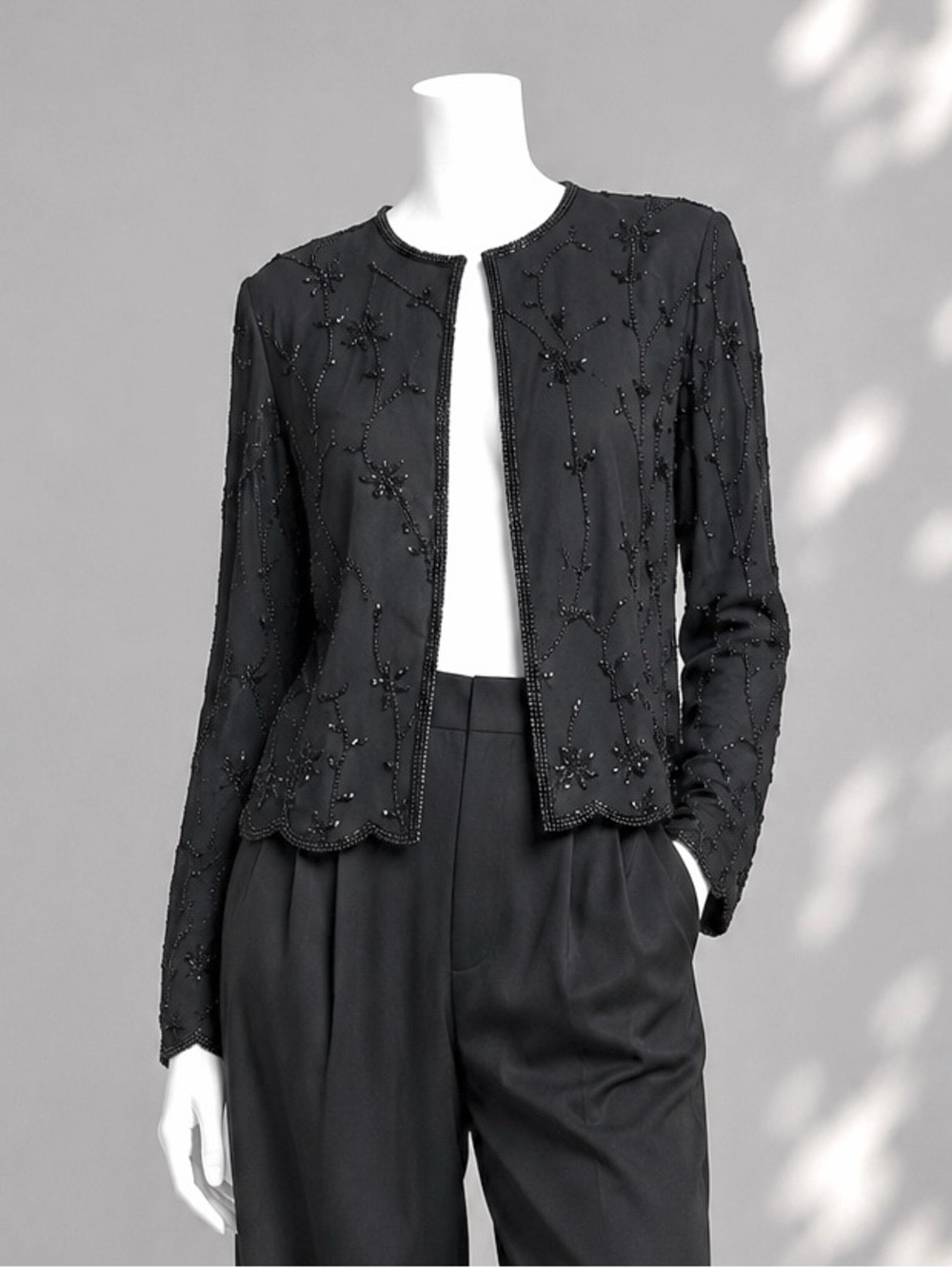 Vintage 90s Y2K Black Beaded Silk Jacket S Open Front Evening Whimsigoth Top